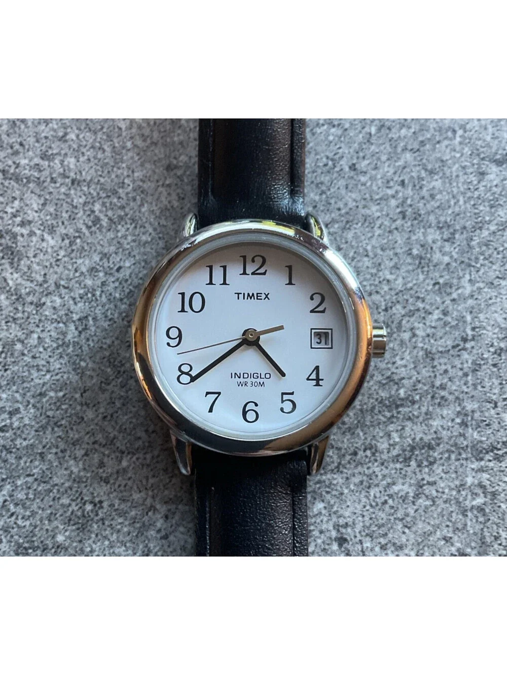 Timex Easy Reader Womens Watch Silver Tone Case White Dial Black Leather Band BN